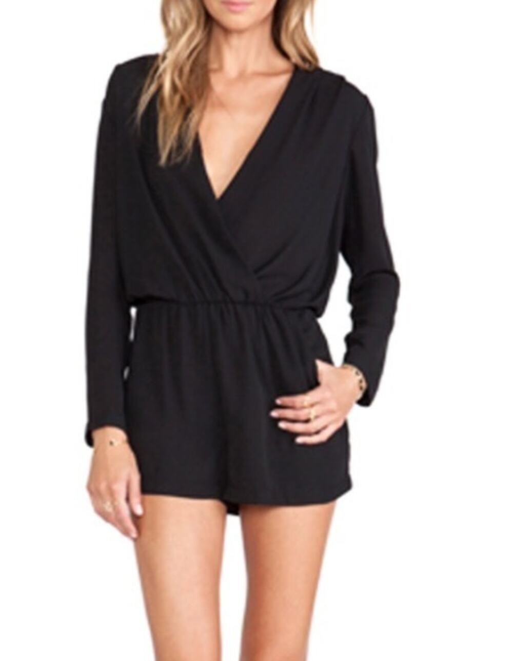 Revolve Eight Sixty Black Long Sleeve Faux Wrap Romper V-Neck Pockets Small